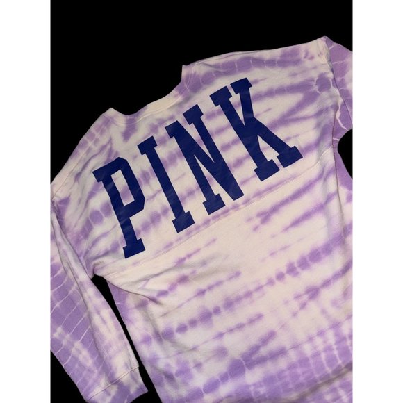 New Victoria Secret PINK Sweatshirt Tie Dye Purple White Sz LG Crewneck Spellout - Picture 1 of 8
